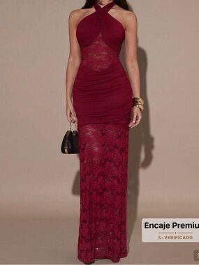 Sleeveless Burgundy Lace Ruched Evening Dress